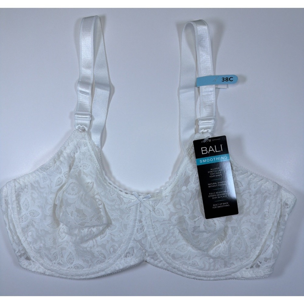 Bali Lace 'N Smooth Stretch Lace Bra 38C Shaping Support Style DF3432 White NWT